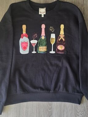 Truself Sequin Champagne Sweatshirt Black Crewneck Sparkle Party M